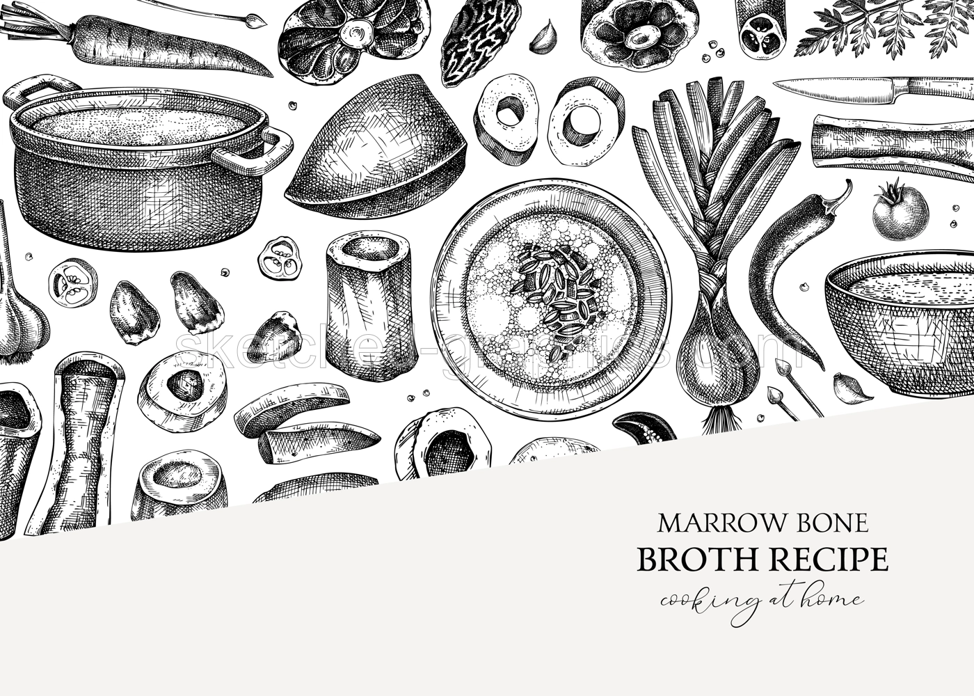 Healthy food background. Marrow bone broth frame. Hot soup on plates, pans, bowls, organ meat, vegetables, marrow bones sketches. Hand drawn vector illustrations. Homemade food ingredient Illustration
